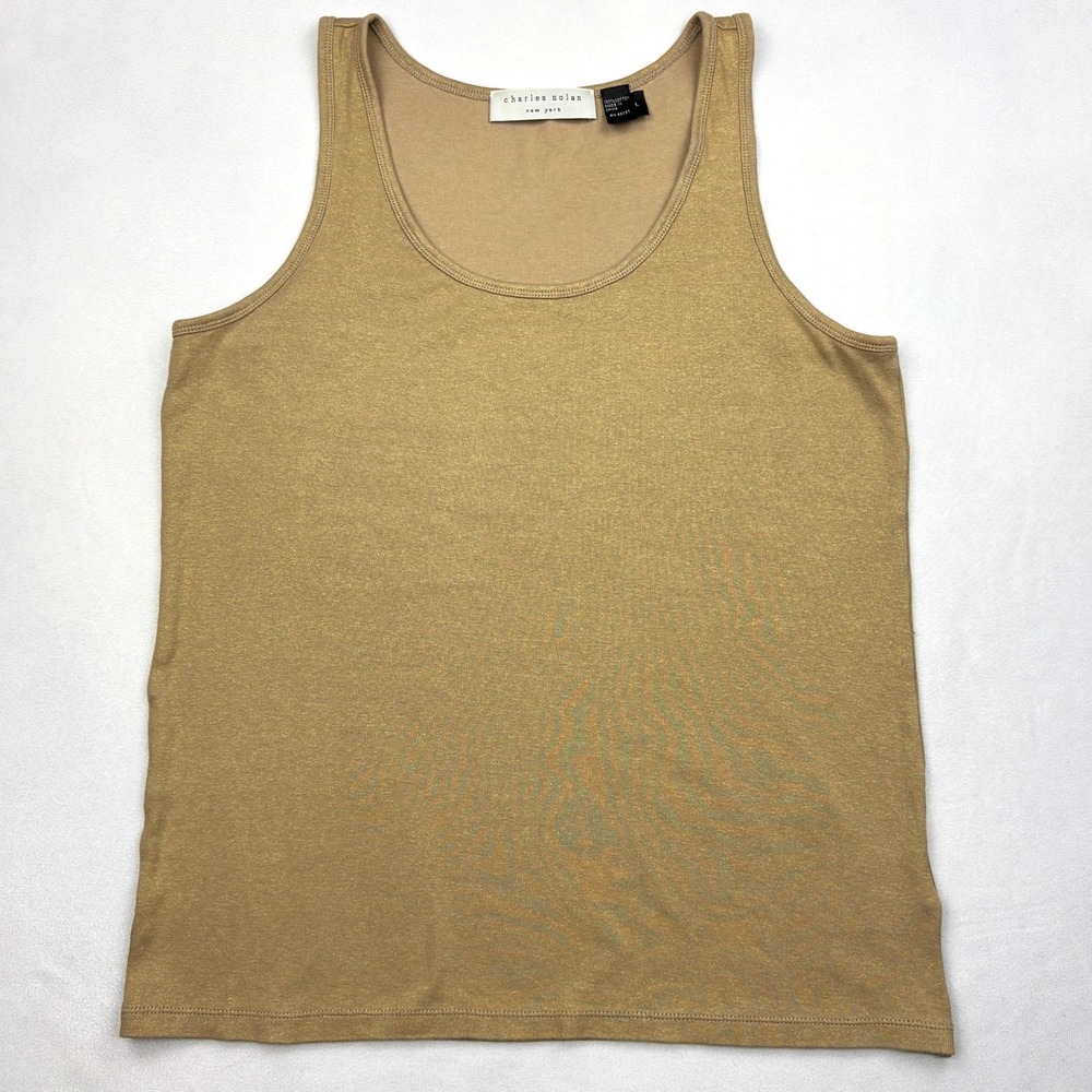 Charles Nolan New York Womens Large Ribbed Knit Tank Top Tan Brown Scoop Neck